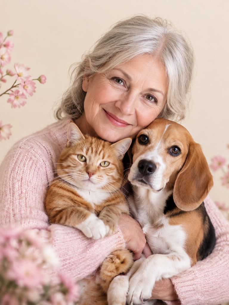 Portrait of an older woman cuddling a ginger cat and a beagle