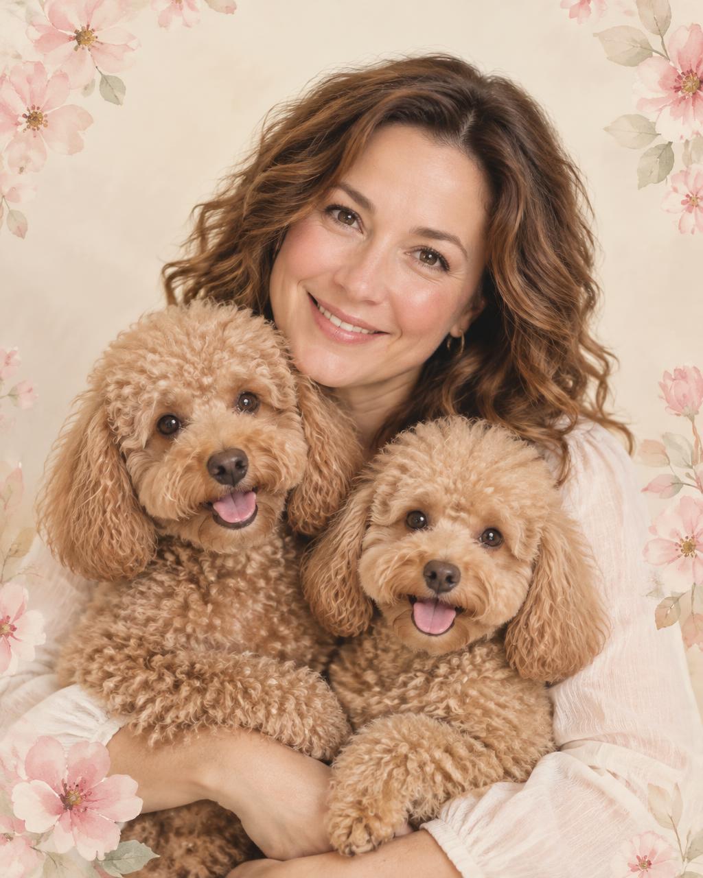 Portrait of a smiling woman hugging her two apricot poodles among pink blossoms