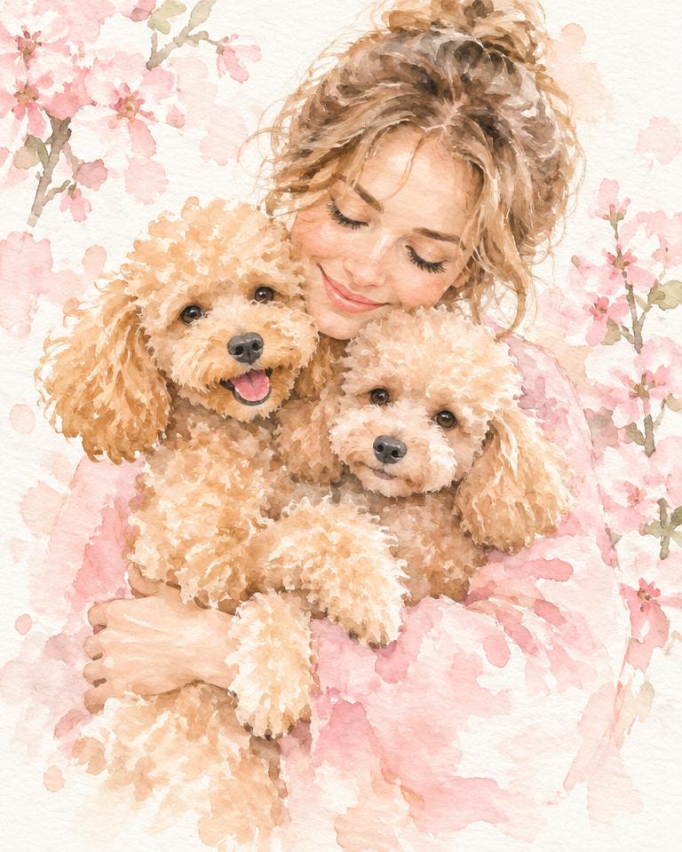 Watercolour portrait of a woman embracing two poodles